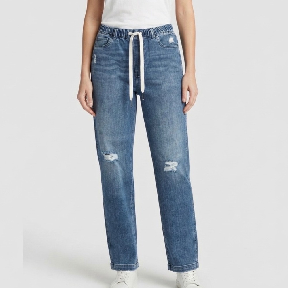 Aerie Womens Distressed Denim Jogger Jeans Medium Wash Elastic Waist‎ XS